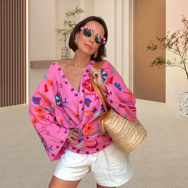 Damen Strandkimono mit buntem Blumenmuster und lässigem Schnitt WW