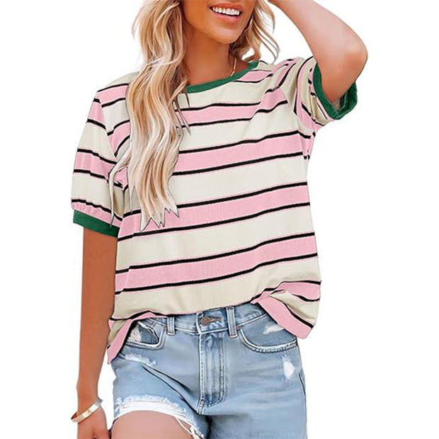 Damen lässiges Streifen T-Shirt mit Kurzarm und Rundhalsausschnitt WW