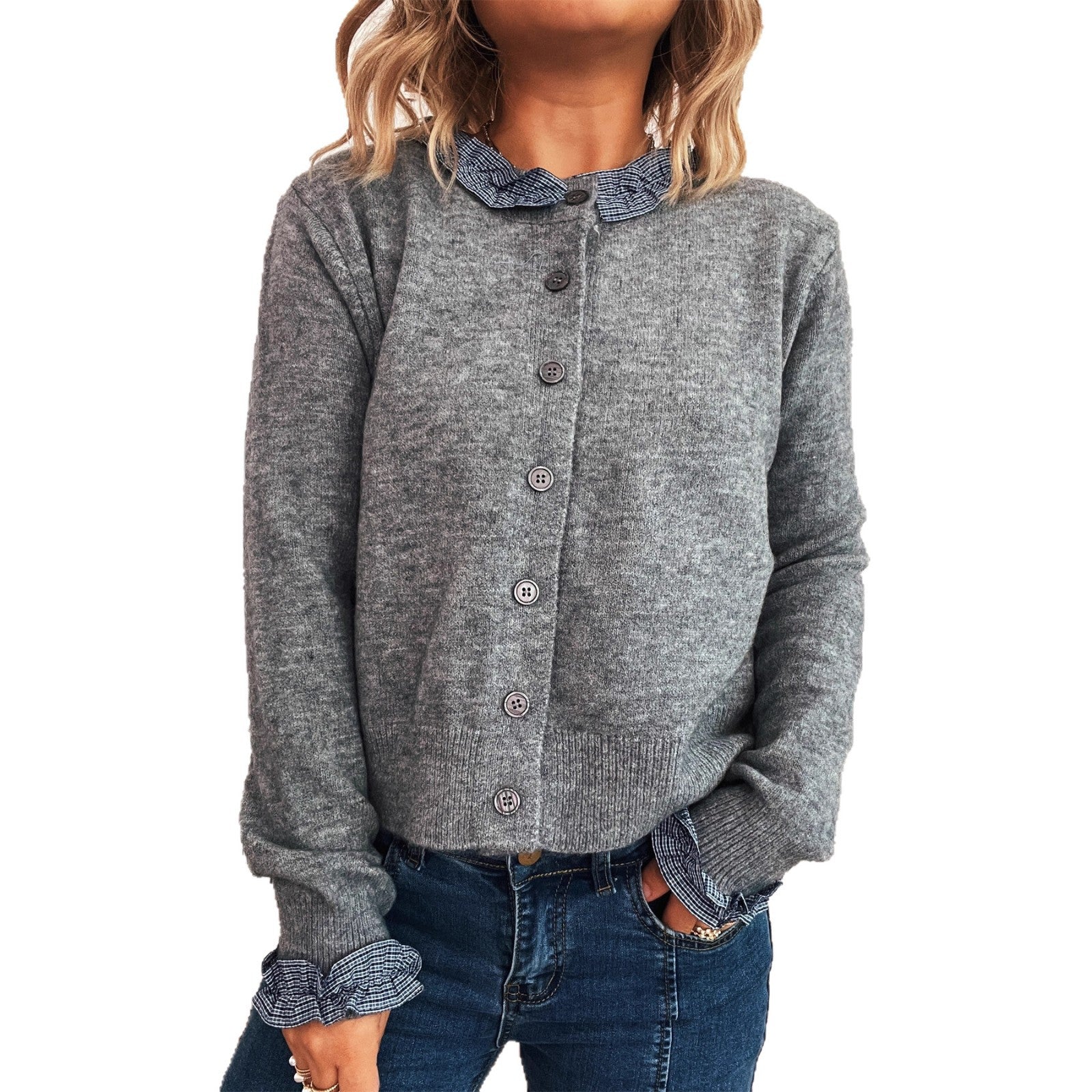 Damen Strickjacke mit abnehmbaren Kragen und Knopfdetails WW