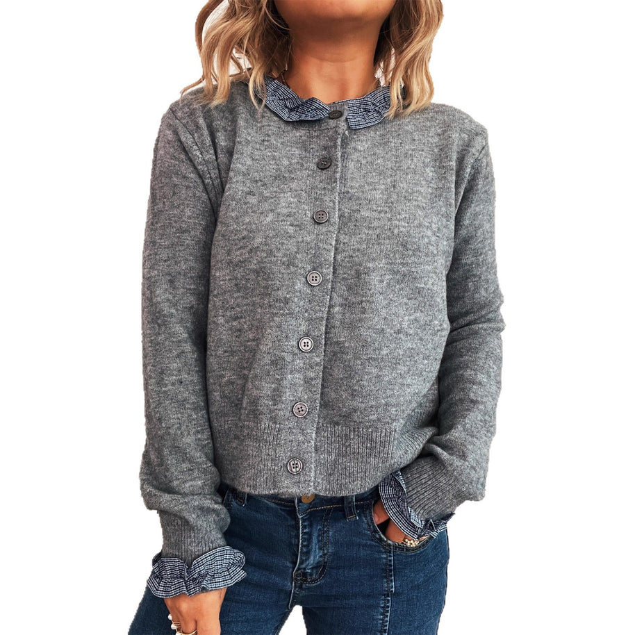 Damen Strickjacke mit abnehmbaren Kragen und Knopfdetails WW