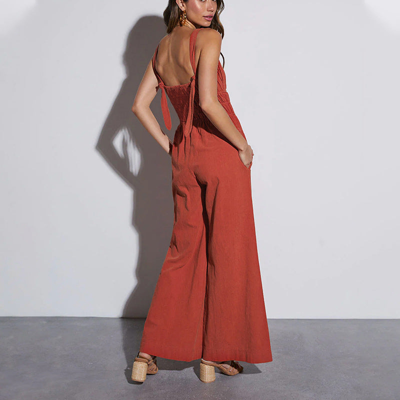 Damen eleganter Jumpsuit mit weitem Bein und verstellbaren Trägern WW