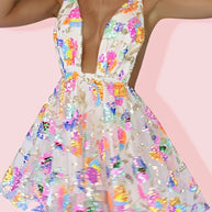 WW | Regenbogen Pailletten Offene Rücken Slip Mini Kleid