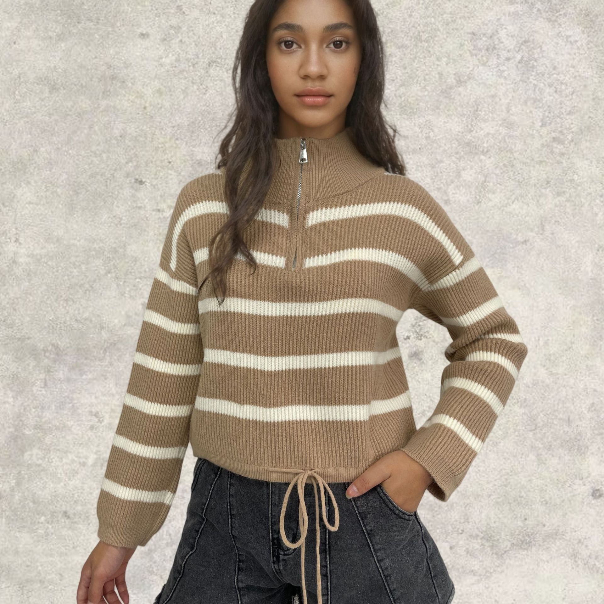 Damen Strickpullover mit Stehkragen und Kordelzug WW