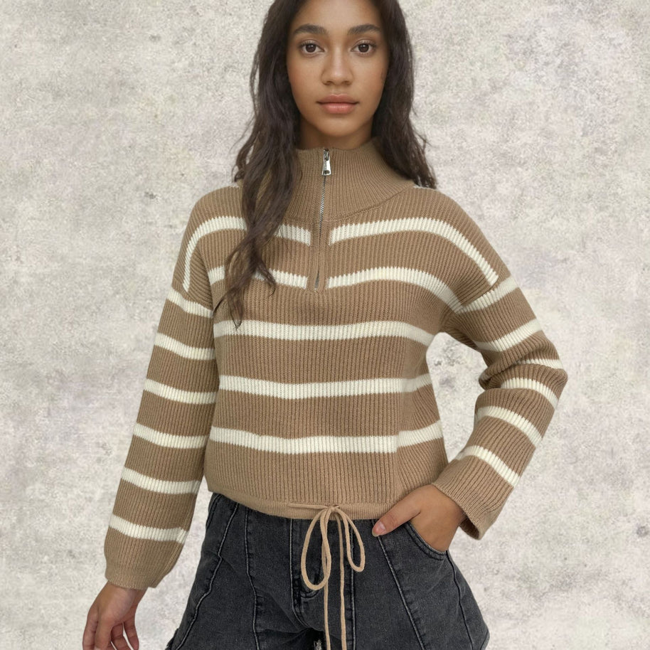 Damen Strickpullover mit Stehkragen und Kordelzug WW