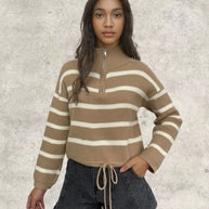 Damen Strickpullover mit Stehkragen und Kordelzug WW