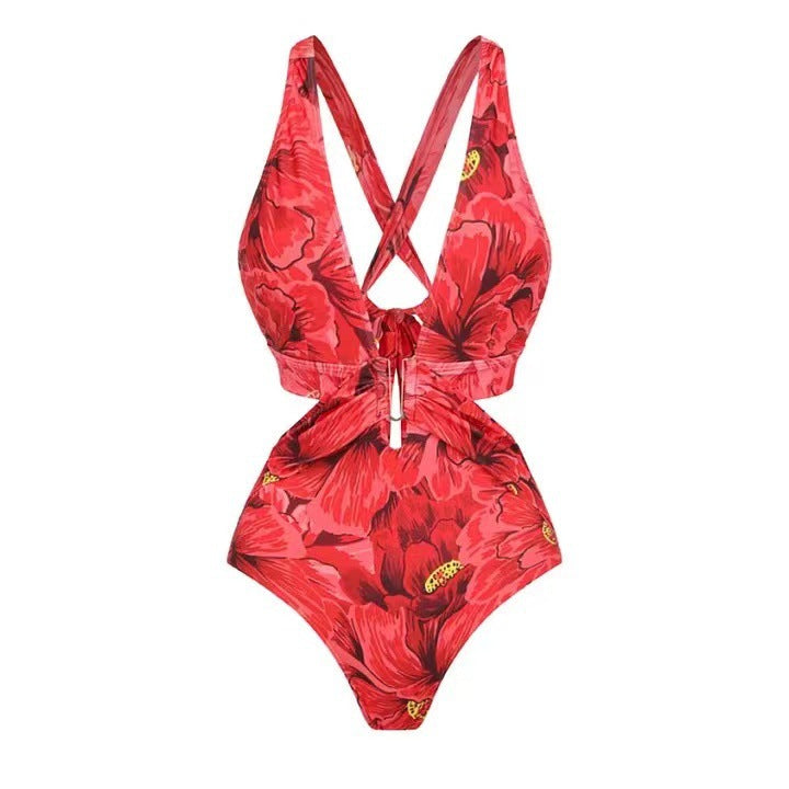 Damen Badeanzug und Maxi-Rock-Set mit floralen Akzenten und eleganten Rüschendetails WW