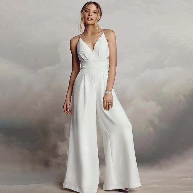 WW | Ärmelloser Spaghetti-Träger V-Ausschnitt Bodycon Rückenfreier Jumpsuit