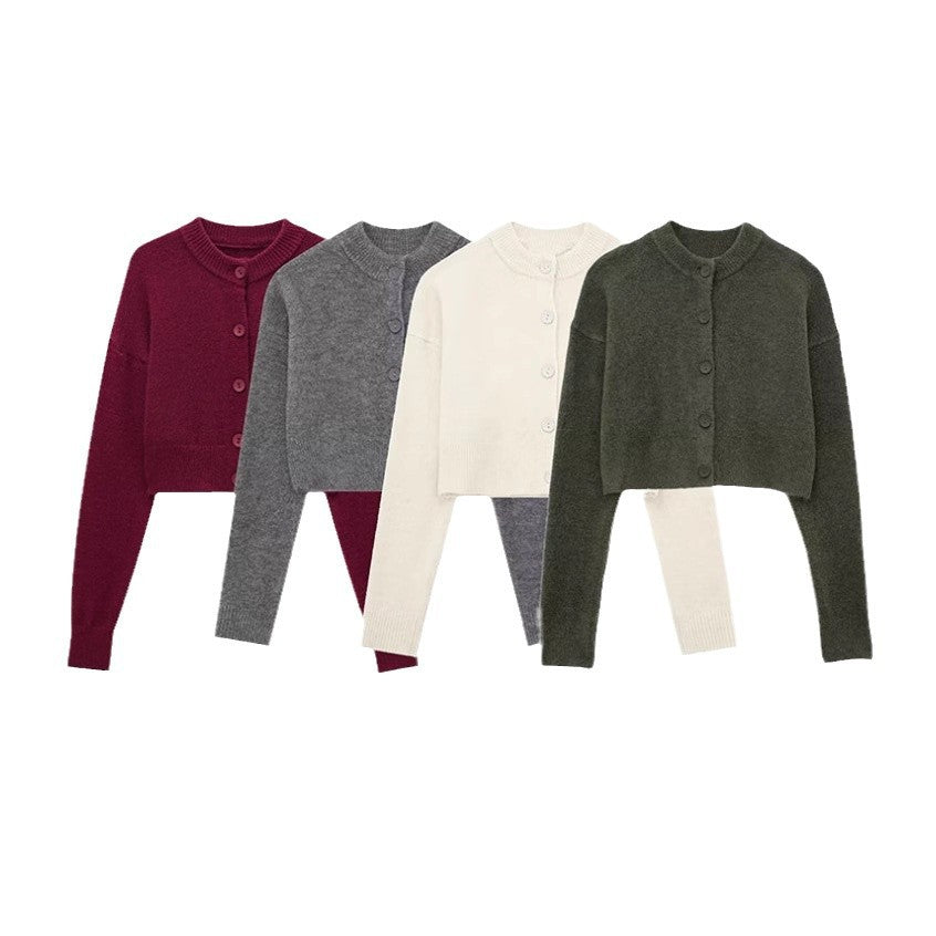 Damen kurze Strickjacke mit Knopfleiste und elegantem Rundhalsausschnitt WW