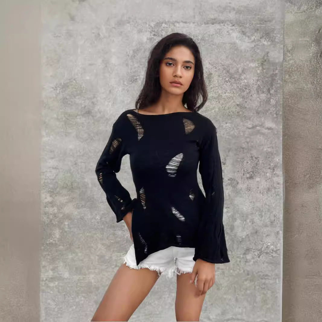 Damen Strickpullover mit lässigem, ausgefranstem Design WW