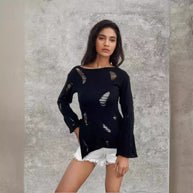 Damen Strickpullover mit lässigem, ausgefranstem Design WW
