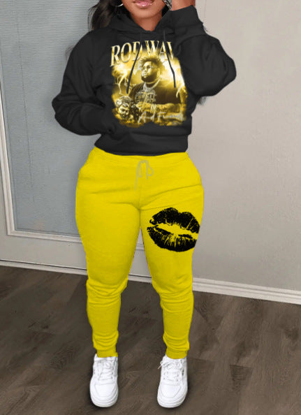 Damen Sportliches Hoodie- und Jogginghose-Set mit auffälligem Lippenmotiv WW