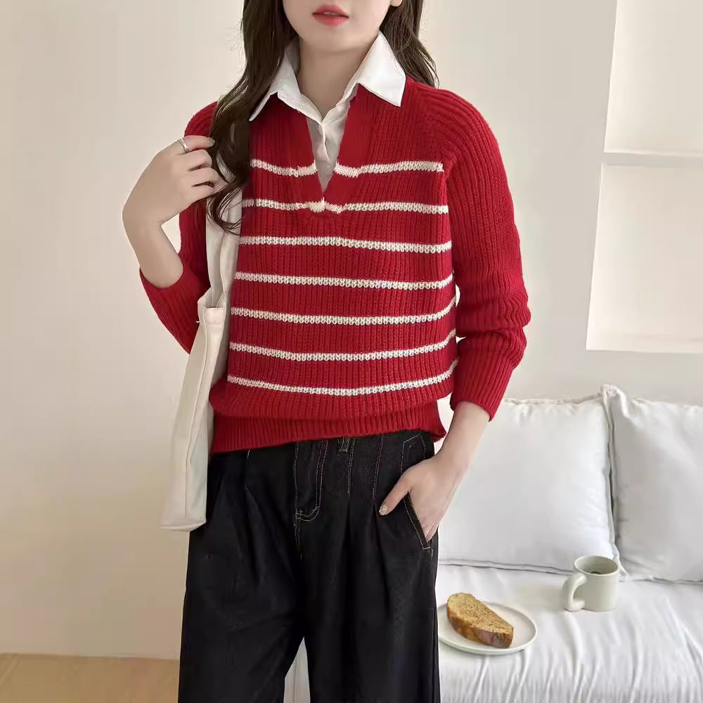Damen Strickpullover mit V-Ausschnitt und gestreiftem Design WW