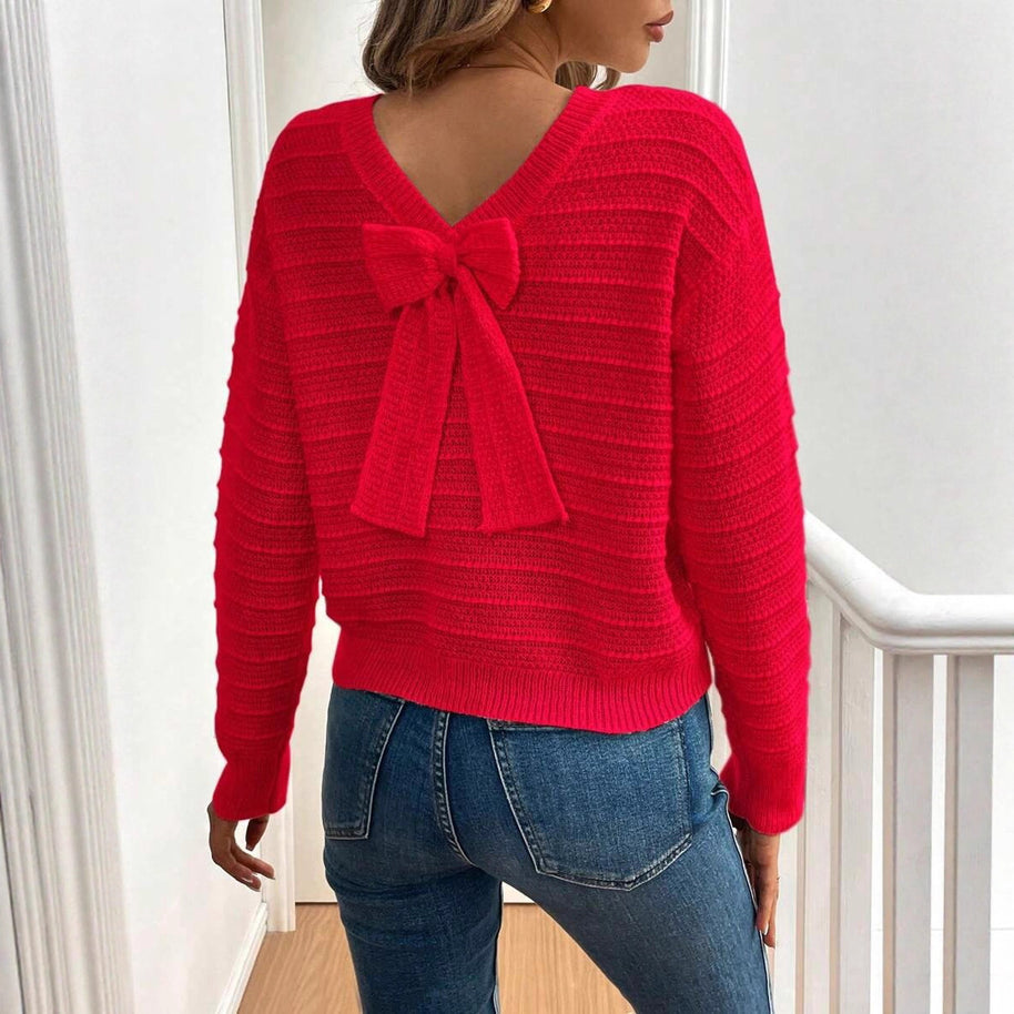 Damen Strickpullover mit verspieltem Schleifendetail im Rücken und modernem V-Ausschnitt WW