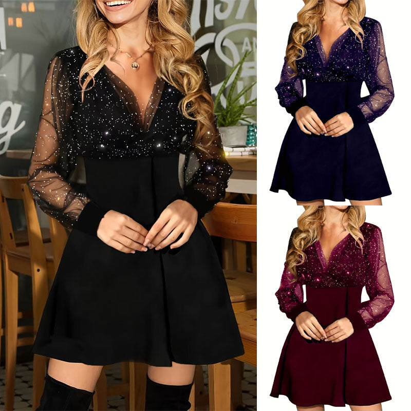 Damen elegantes Kurzarmkleid mit transparenten Ärmeln und funkelndem Detail WW
