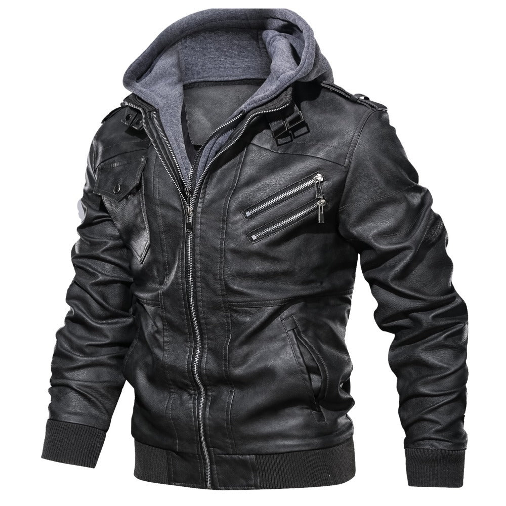 Herren Lederjacke mit abnehmbarem Kapuzenfutter und mehreren praktischen Taschen WW