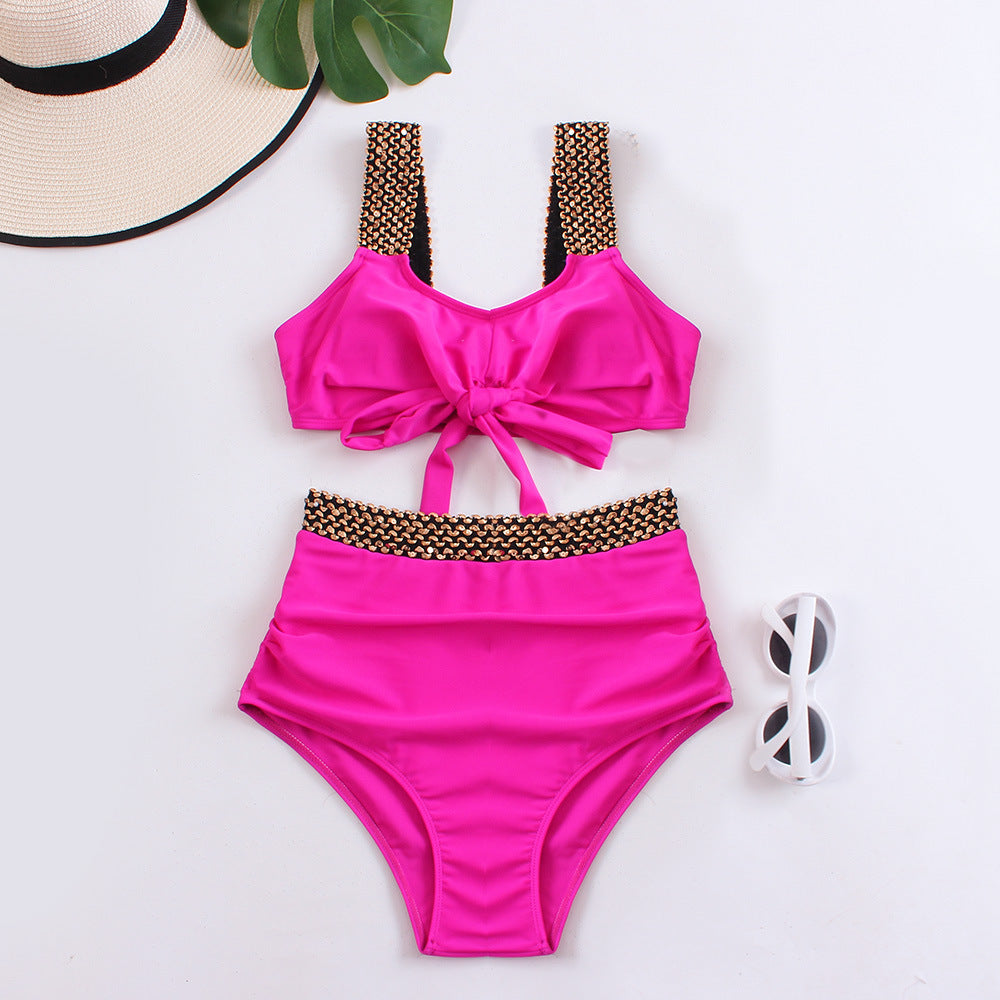 Damen Hochgeschnittener Bikini mit verspieltem Knoten-Design und glamourösen Akzenten WW