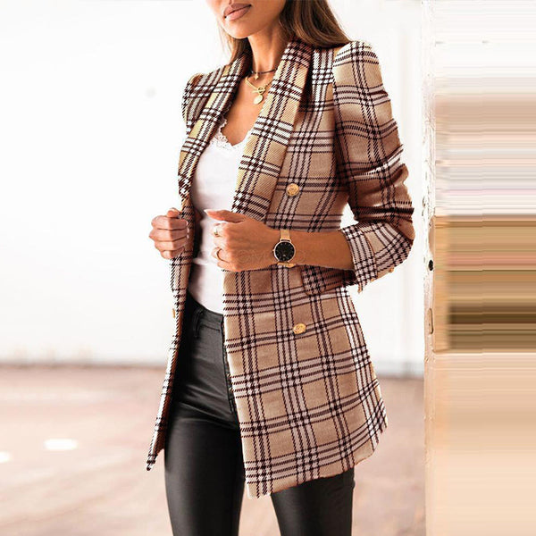 Damen elegante Tweed-Blazerjacke mit doppelter Knopfleiste und modernem Schnitt WW