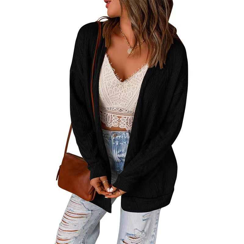 WW | Offene Front Langarm Einfarbige Strickjacke