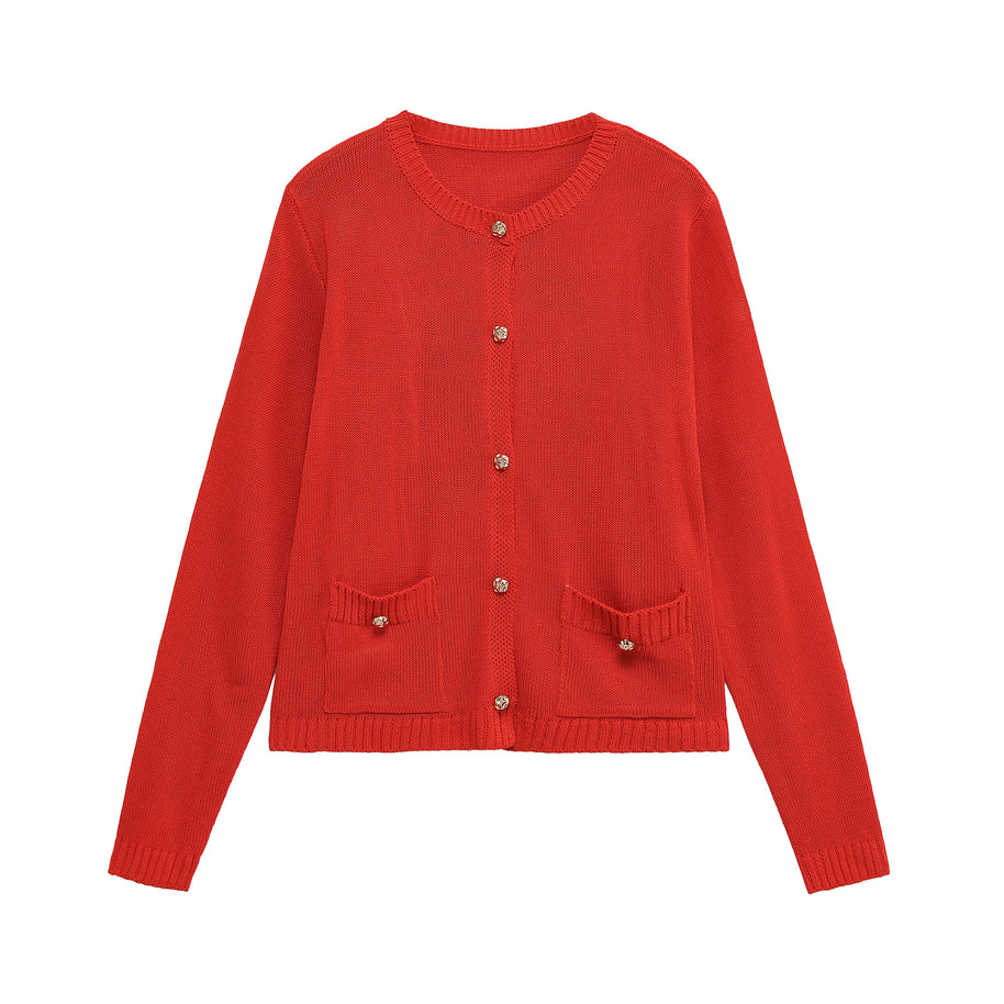 Damen bequeme Strickjacke mit Knopfdetails und aufgesetzten Taschen WW