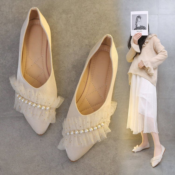 Damen Ballerinas mit dekorativem Rüschen- und Perlenschmuck W&W