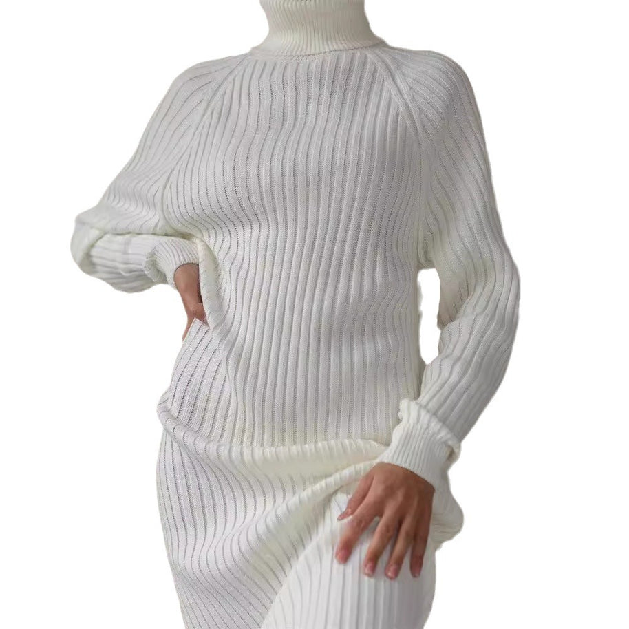 Damen Strickkleid mit hohem Kragen und großen Ärmeln WW