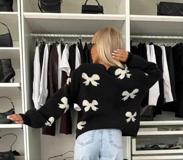 Damen Strickjacke mit dekorativen Schleifen und glänzenden Akzenten WW