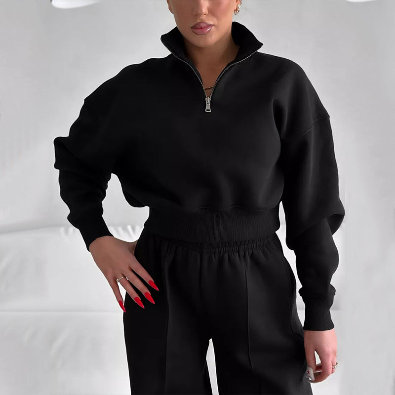 Damen sportliches Crop-Pullover-Set mit hohem Kragen und elastischem Bund WW