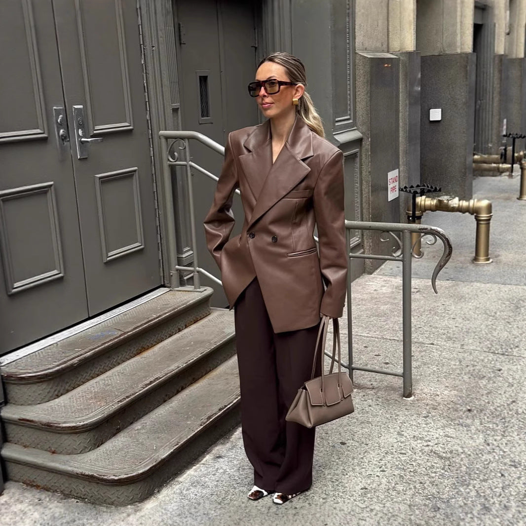 Damen stilvolle Kunstlederblazerjacke mit oversized Schnitt WW