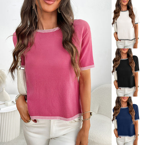 Damen schlichtes Kurzarmshirt mit feinen Kontraststreifen WW