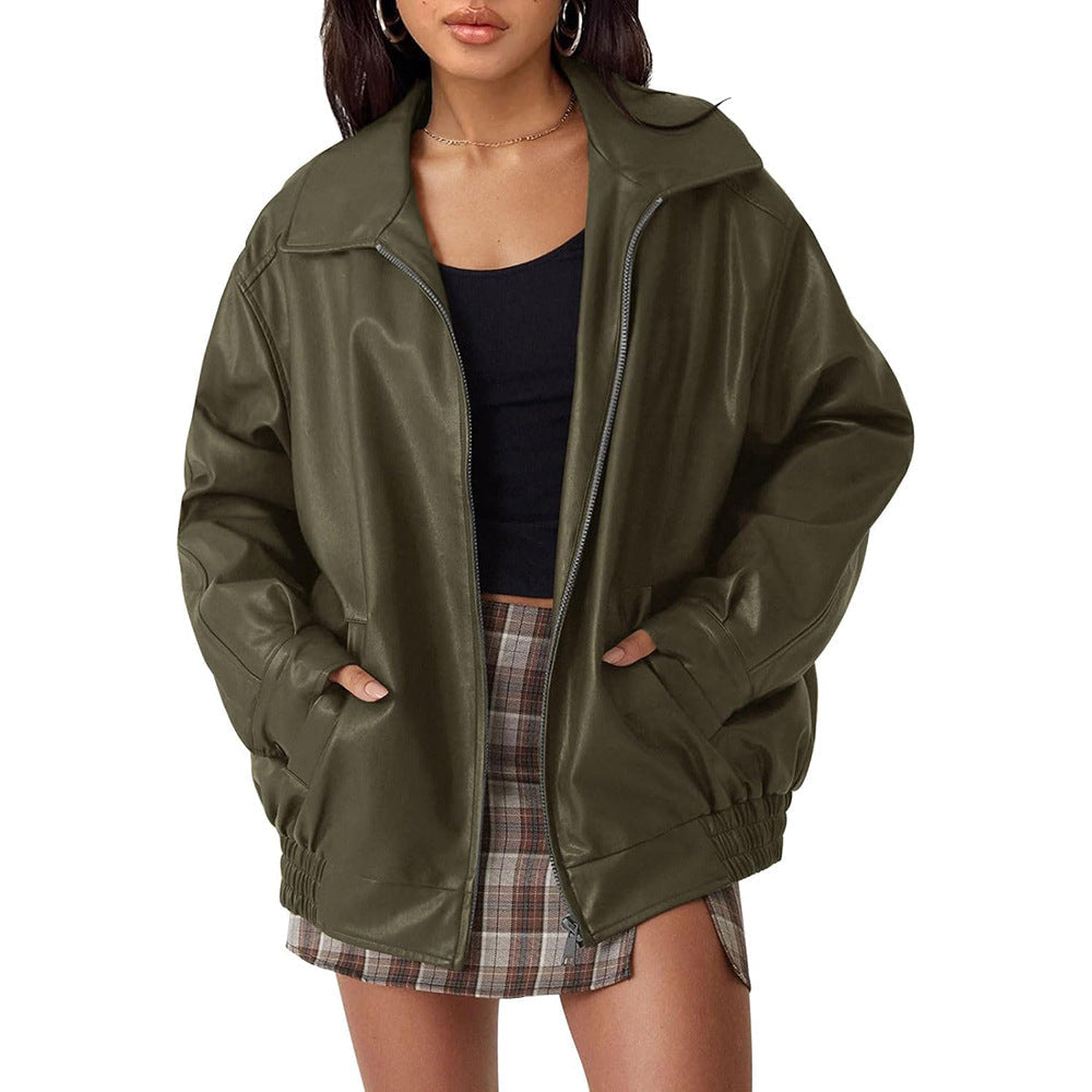 Damen lässige Kunstlederjacke mit weitem Schnitt und praktischen Taschen W&W Mode