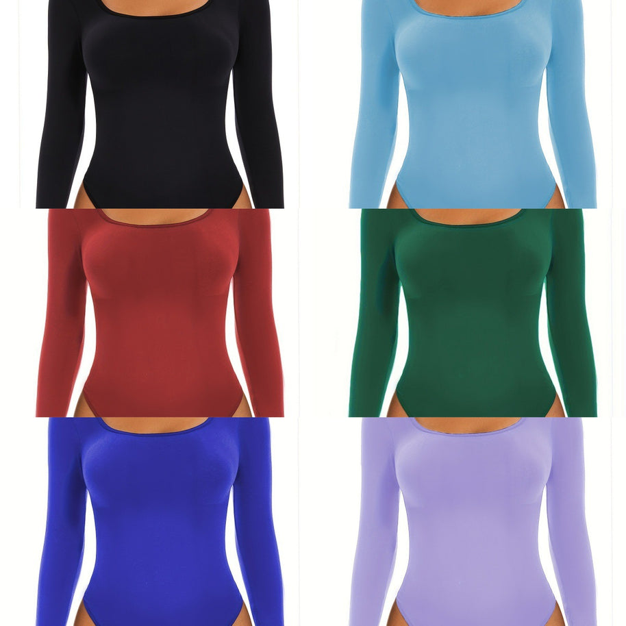 Damen Langarm Bodysuit mit tiefem Rundhalsausschnitt und figurbetontem Schnitt WW