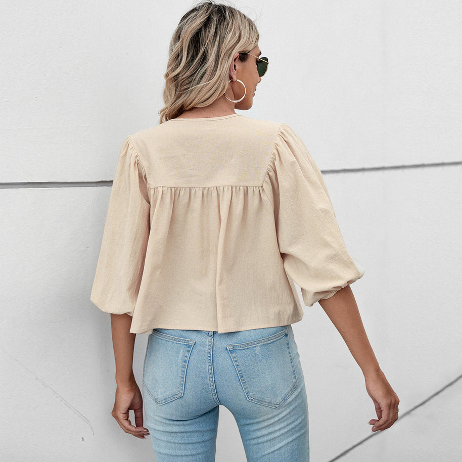 Damen Blusenshirt mit eleganten Puffärmeln und schickem Kordelzug W&W