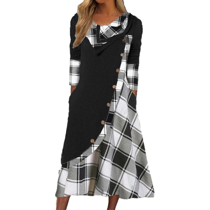 W&W Mode | Plaid Gespalten Knopf Tasche Gestapelte Kragen Langarmkleid