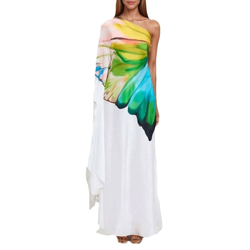 Damen Maxikleid mit asymmetrischem Design und künstlerischem Druck W&W Mode