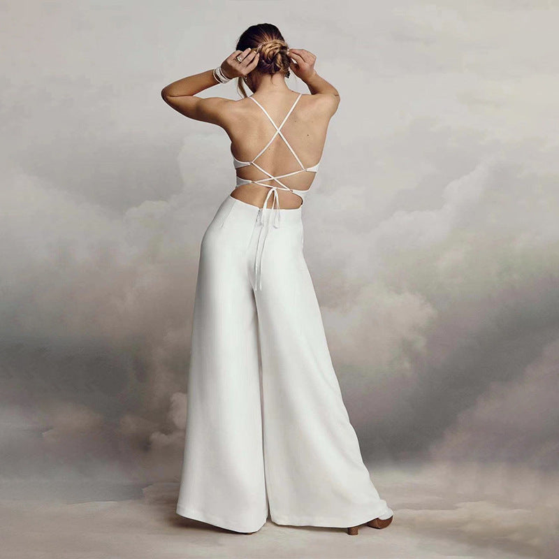 Damen Jumpsuit mit V-Ausschnitt, Spaghettiträgern und weitem Bein