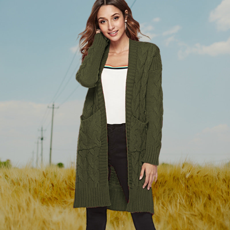 Damen Strickmantel mit großen Taschen und eleganten Zopfmustern WW