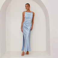 Damen Maxikleid mit elegantem Satin-Finish und hoch geschnittenem Schlitz WW