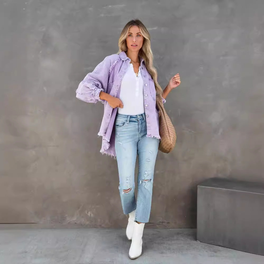 Damen lässige Overshirtjacke aus leichtem Denim mit fransigen Details W&W Mode