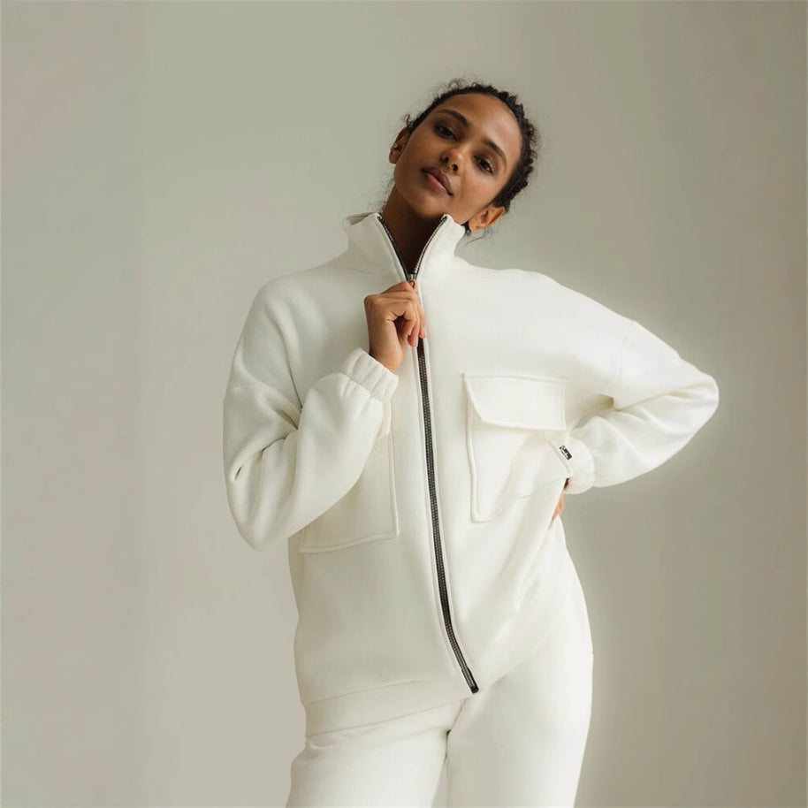 Damen sportlicher Fleece-Kapuzenpullover mit Reißverschluss und praktischen Taschen WW