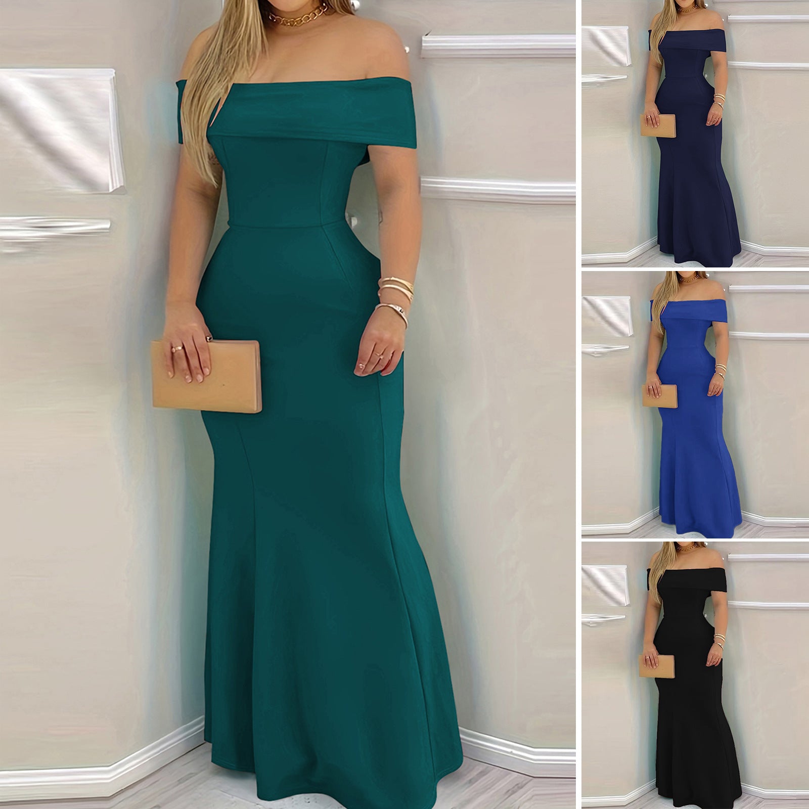 Damen elegantes schulterfreies Maxikleid mit figurbetontem Schnitt WW