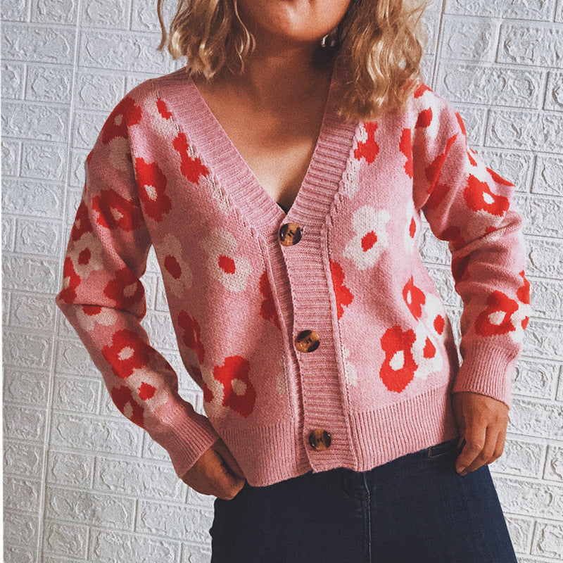 Damen Strickjacke mit floralen Mustern und dekorativen Knöpfen WW