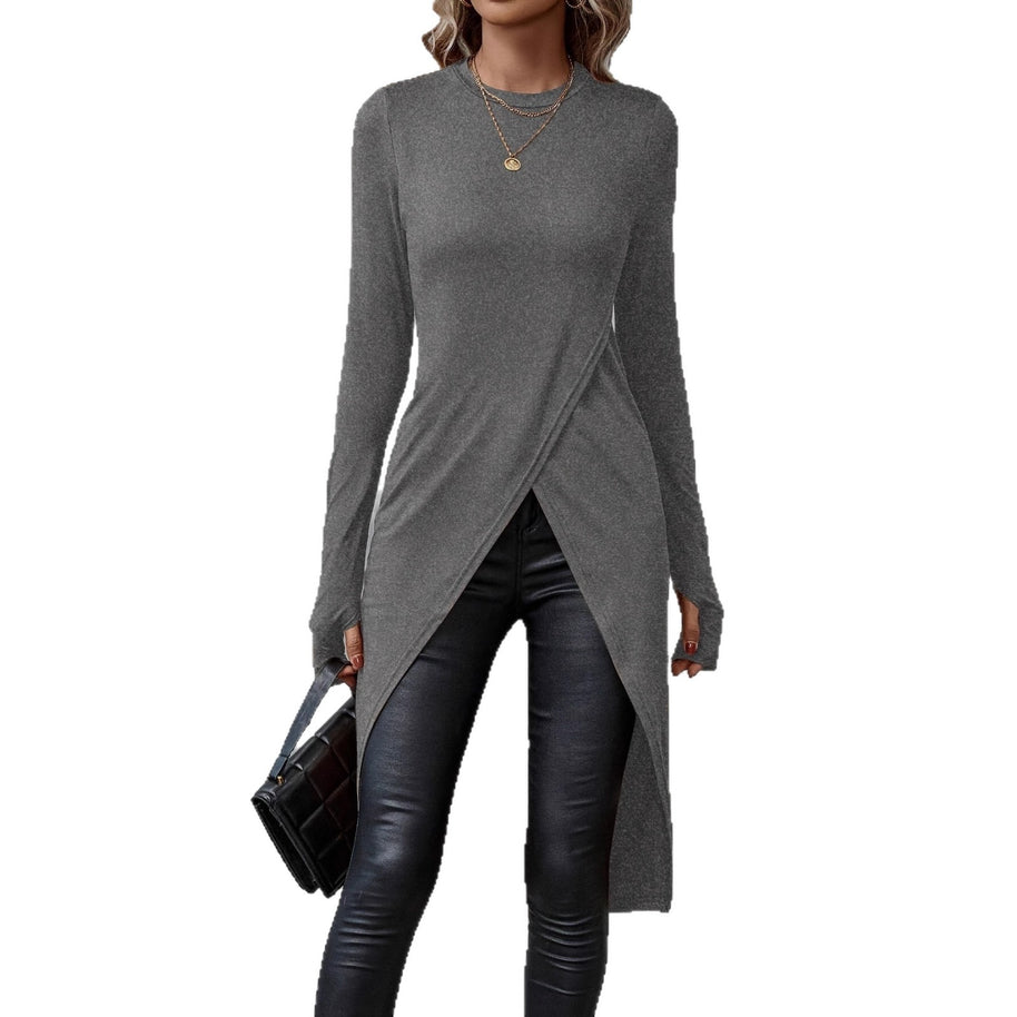 Damen asymmetrisches Longshirt mit eleganter Wickeloptik WW