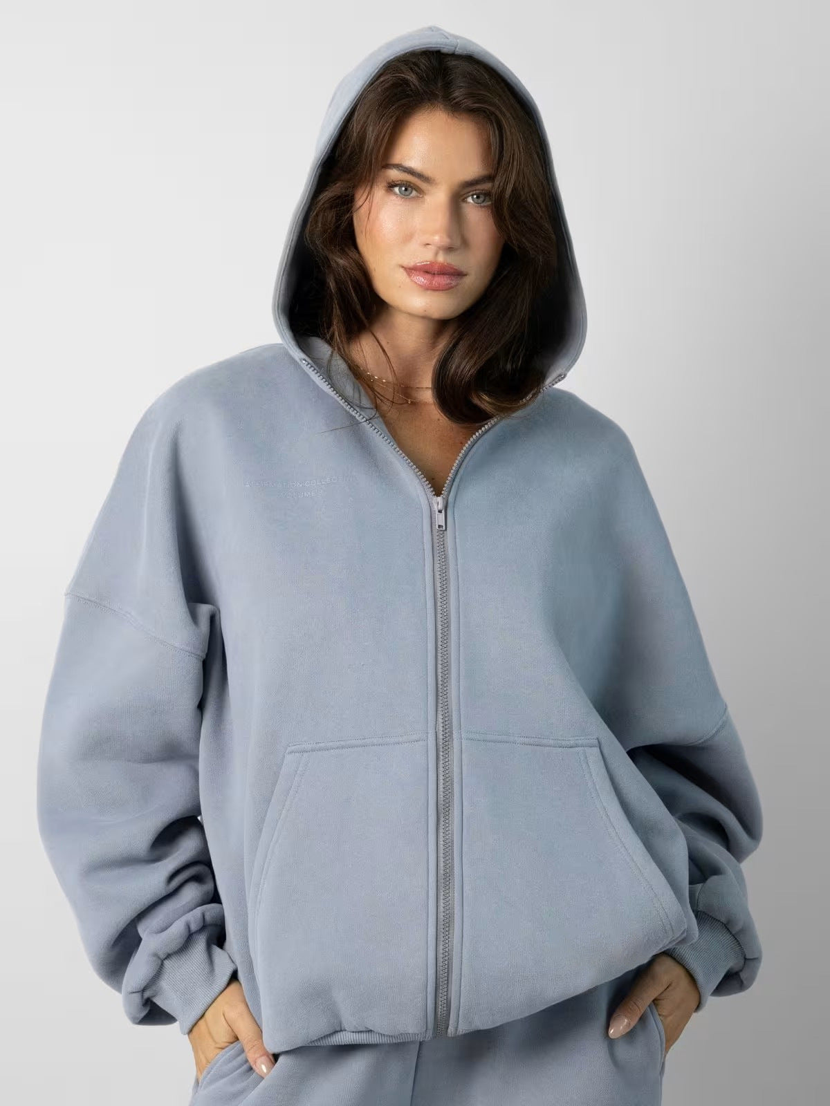 Damen sportliches Fleece-Hoodie-Set mit Reißverschluss und weiten Hosen WW