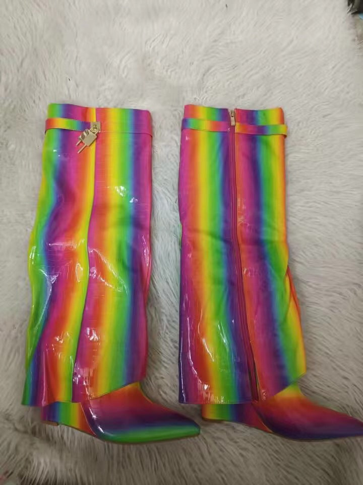 Damen Hochglanz Regenbogen Über-die-Knie Stiletto Stiefel WW
