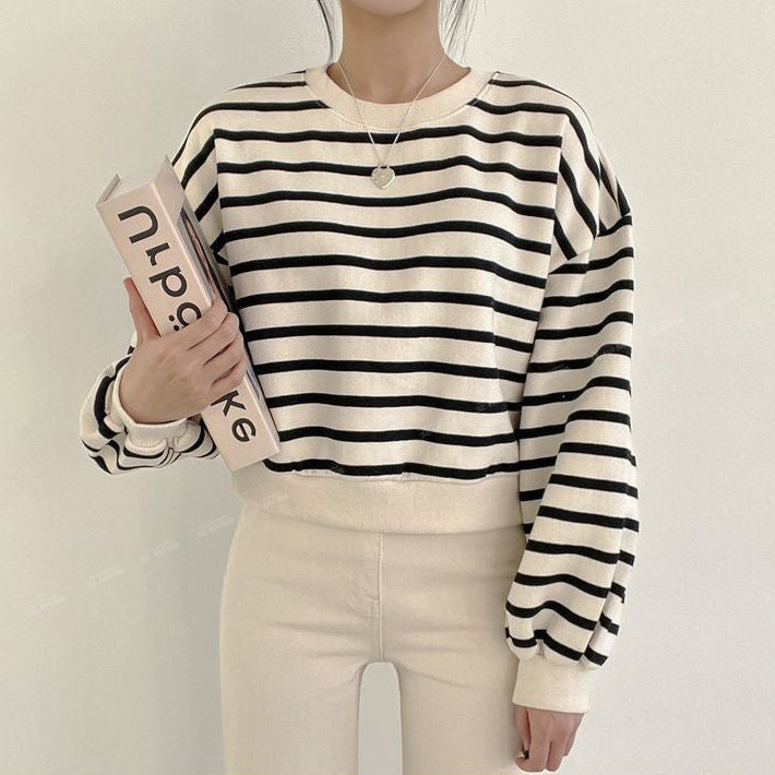 Damen lässiger Sweatshirt mit modernem Streifenmuster und Rundhalsausschnitt WW