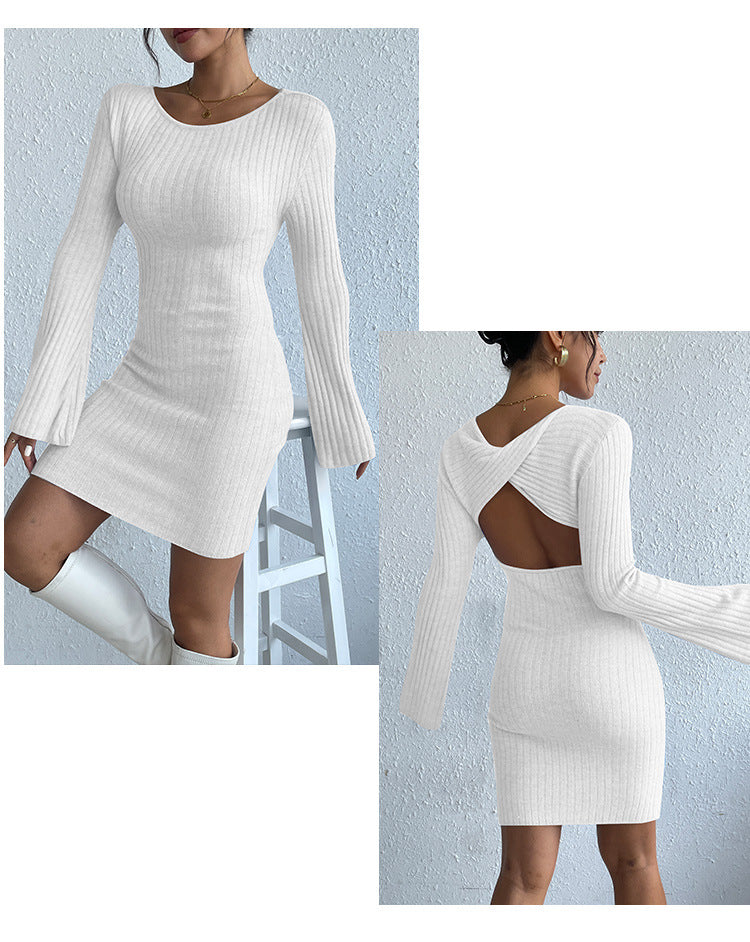 WW | Langärmliges Trompetenärmel Offener Rücken Strickkleid