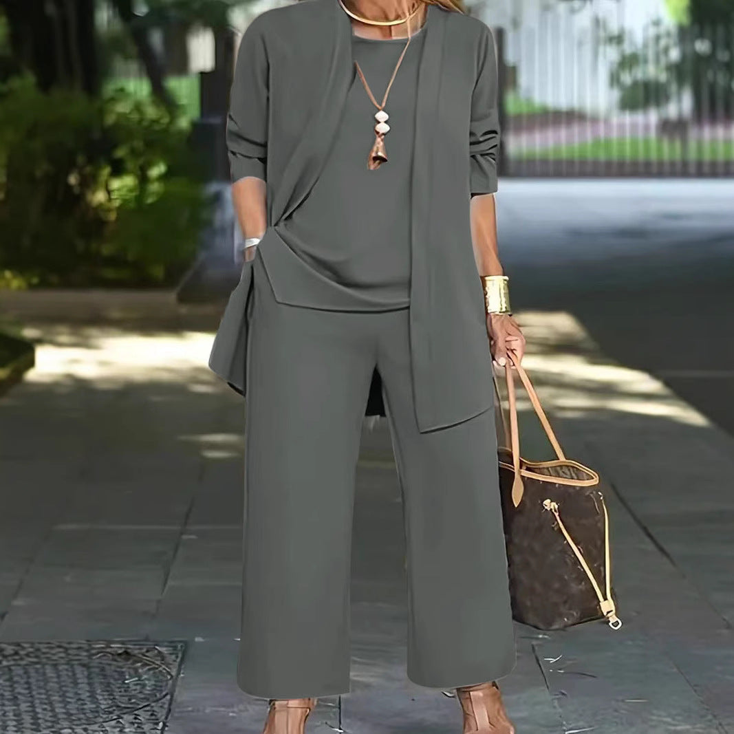 Damen elegante Zweiteiler-Set mit locker fallender Jacke und bequemen Hosen W&W Mode