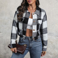 Damen cropped Karo-Jacke mit praktischen Taschen und modischen Details WW