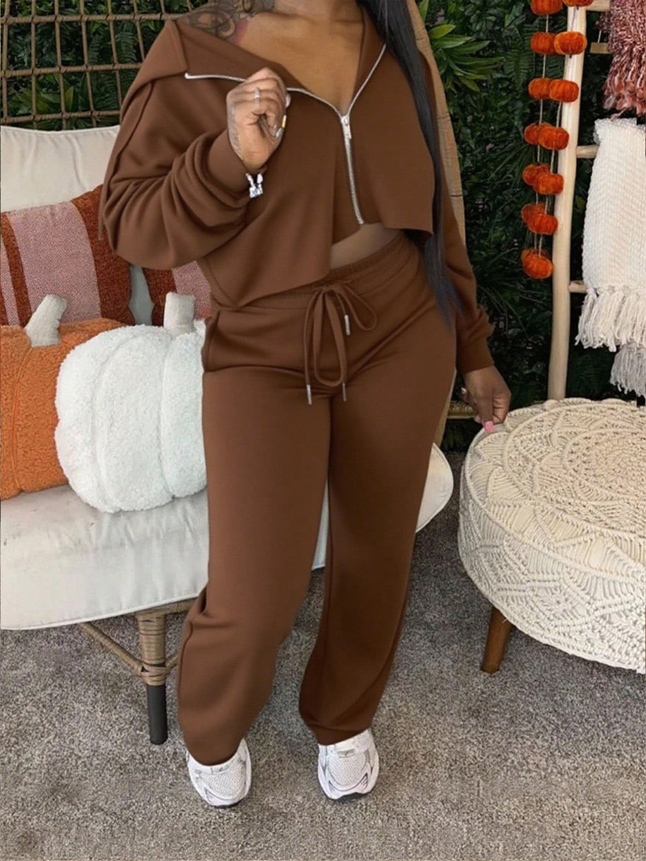 Damen sportliches Set mit cropped Oberteil und weiten Hosen WW
