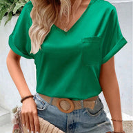 Damen Satin V-Ausschnitt T-Shirt mit Brusttasche und lässigem Schnitt WW